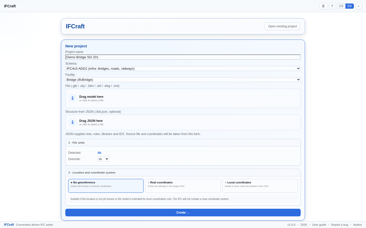 New project form filled in — schema IFC4x3 ADD2, facility Bridge, no file yet