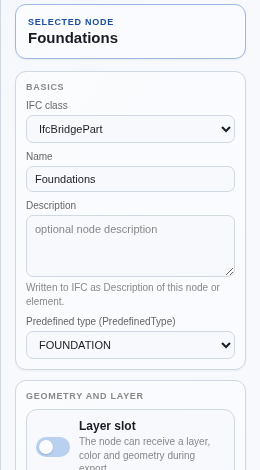 Node detail for the Foundations IfcBridgePart — IFC class, Name, and PredefinedType FOUNDATION visible