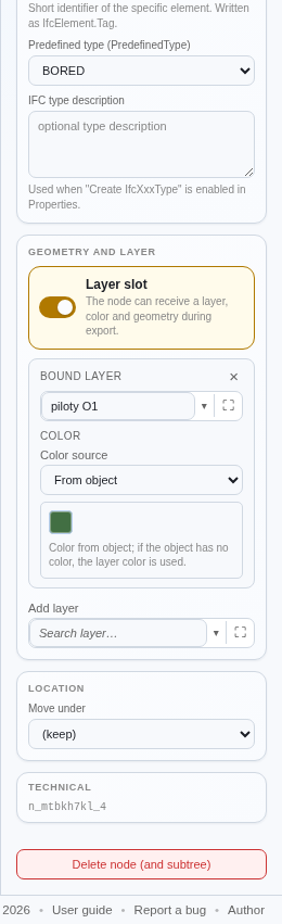 Node detail for Piles O1 — BOUND LAYER shows the bound layer "piloty O1" and COLOR shows Color source "From object"