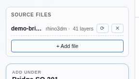 Source files panel with one file — demo-bridge.3dm, rhino3dm, 41 layers