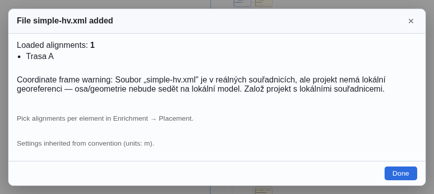 Import modal after adding simple-hv.xml — 1 alignment loaded, coordinate frame warning visible