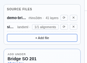 Source files panel with two files — demo-bridge.3dm (41 layers) and simple-hv.xml (1/1 alignments)