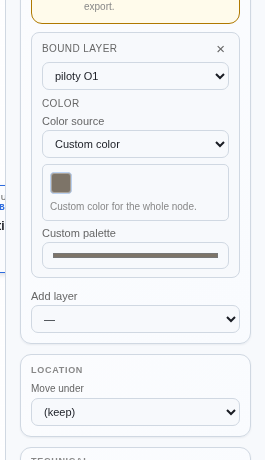 COLOR section in Tree editor — Color source set to Custom color, colour picker showing #7d7468