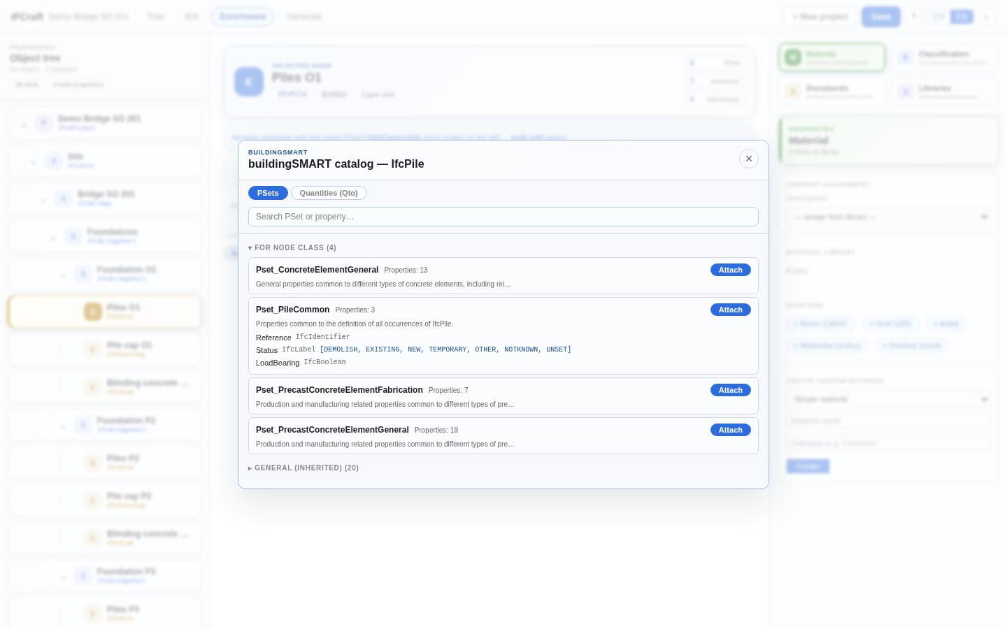 buildingSMART catalog modal — PSets tab, FOR NODE CLASS section expanded, Pset_PileCommon expanded, Attach button visible