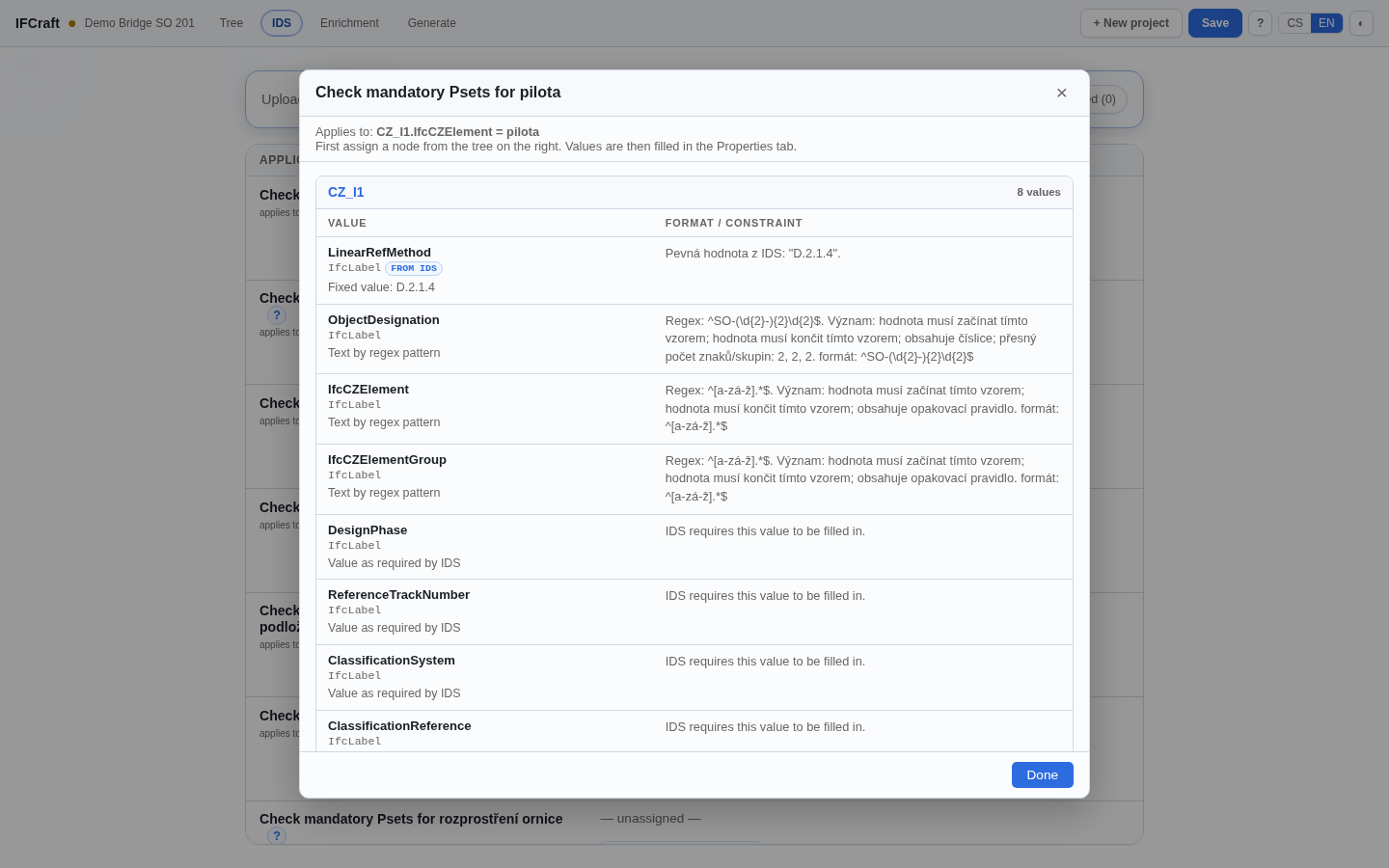 Info window for specification "Check mandatory Psets for pilota" with requirements