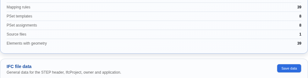 Bottom of the stats card — the card ends at Elements with geometry: 39; the Output coordinates dropdown is not shown because the project has no georeference