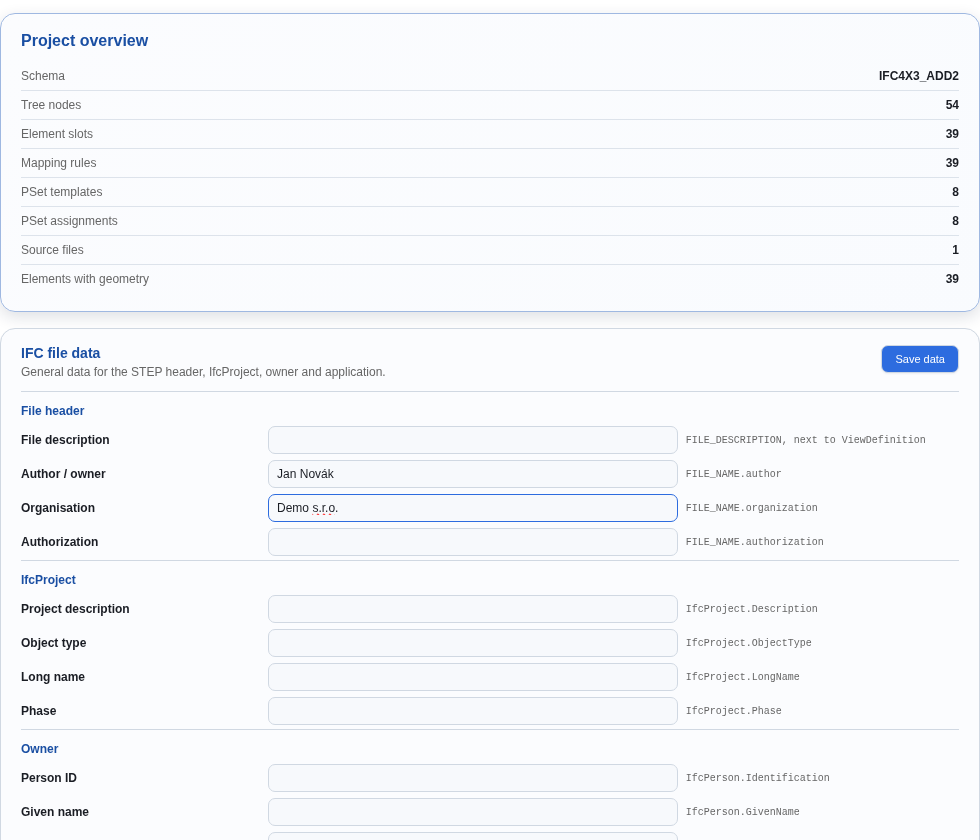 IFC file data form with author and organisation filled in