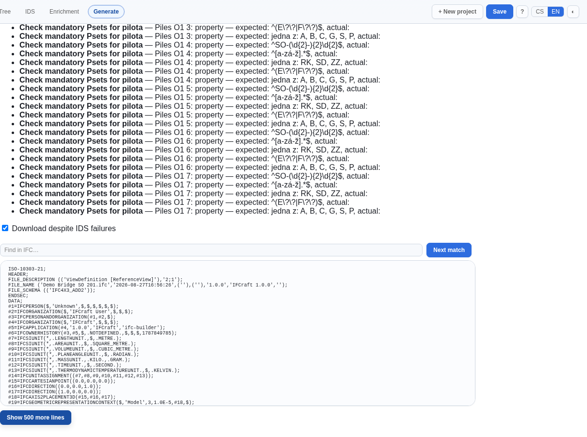 STEP preview of the generated IFC — search field, Next occurrence button, first entities, and Show 500 more lines button