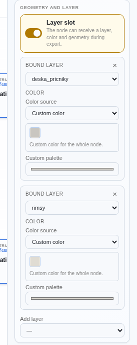 Two BOUND LAYER blocks in the node detail — each with a layer dropdown, colour source, and preview, plus the Add layer dropdown below