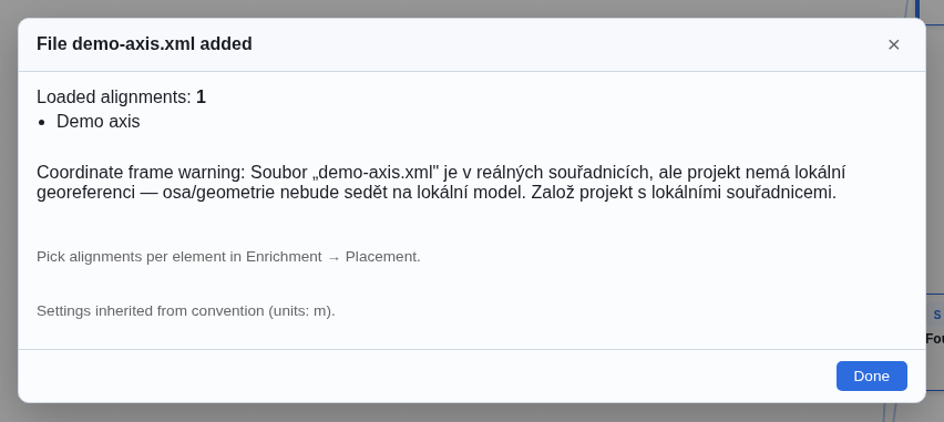 Modal after adding demo-axis.xml — one alignment loaded, with the coordinate frame warning