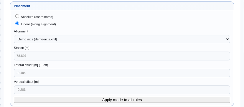Placement card — Linear mode, the Demo axis alignment selected, and auto-projected station and offset values