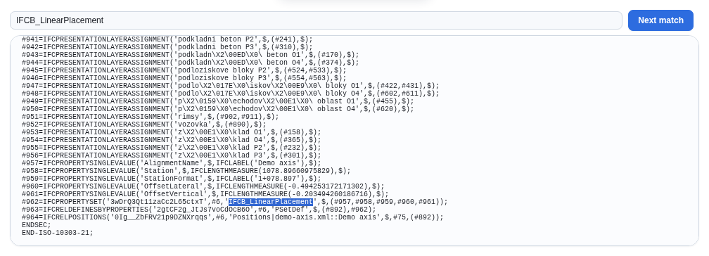 STEP preview — the IFCB_LinearPlacement property set with station and offsets