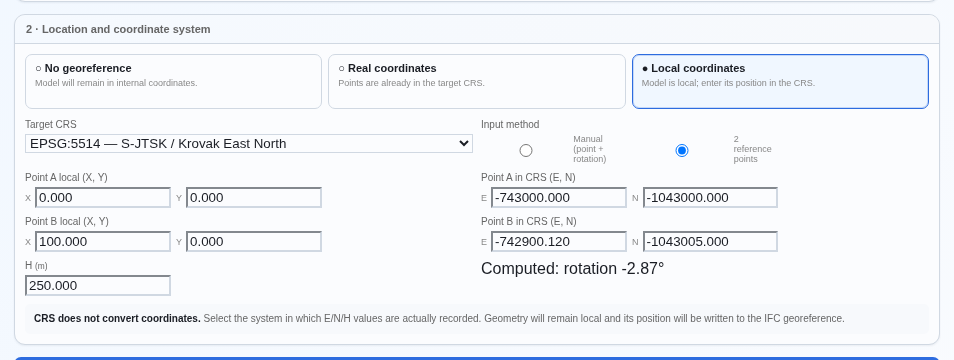 Location and coordinate system section — Local coordinates mode, the 2 reference points method with points A/B filled in, and the Computed rotation line