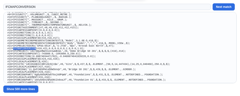 STEP preview — IfcProjectedCRS, the identity IfcMapConversion, the Site placed at real coordinates, and RefLatitude/RefLongitude