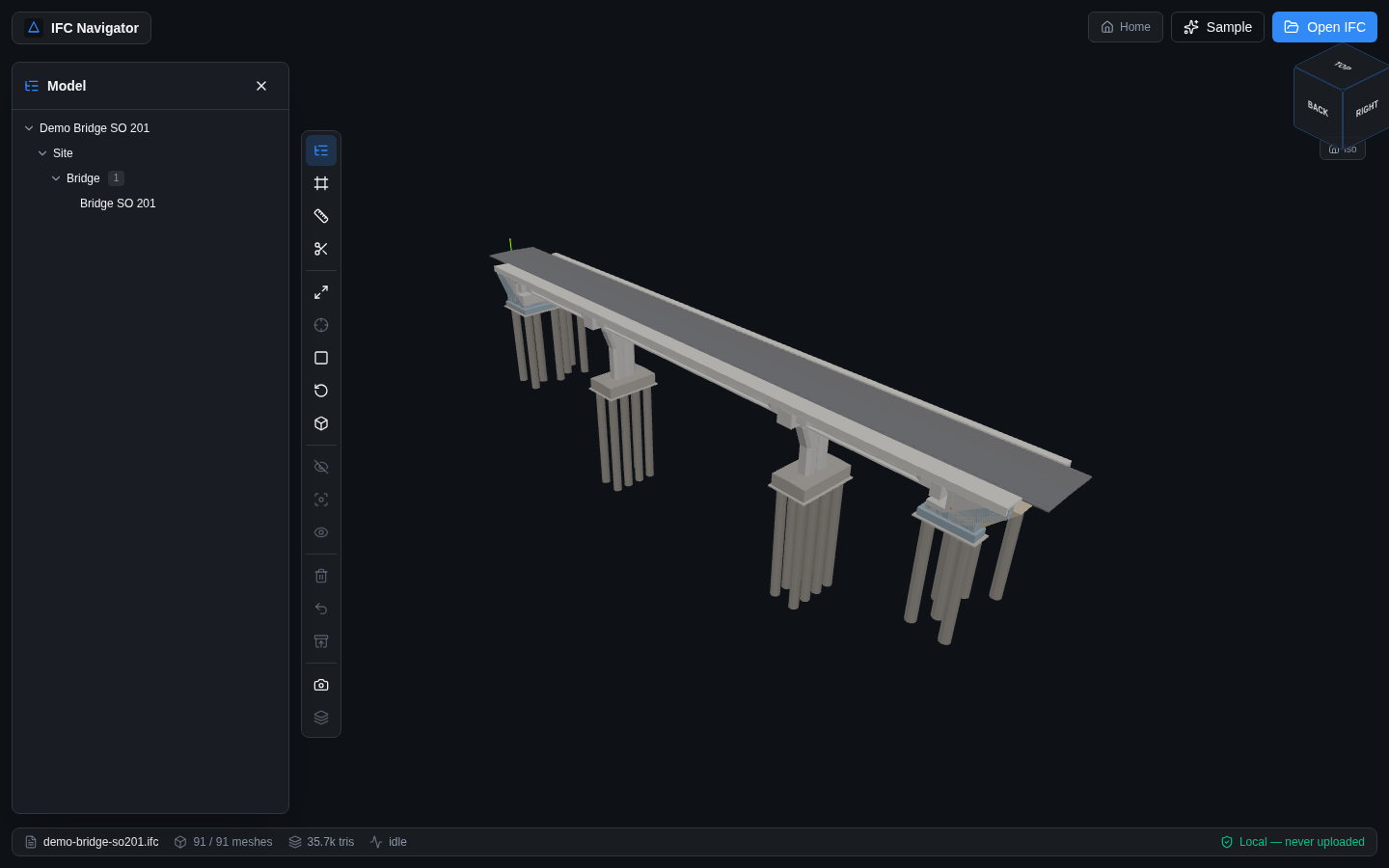 IFC 4.3 bridge example — Demo Bridge SO 201 opened in an IFC viewer: deck, piers, abutments and pile foundations